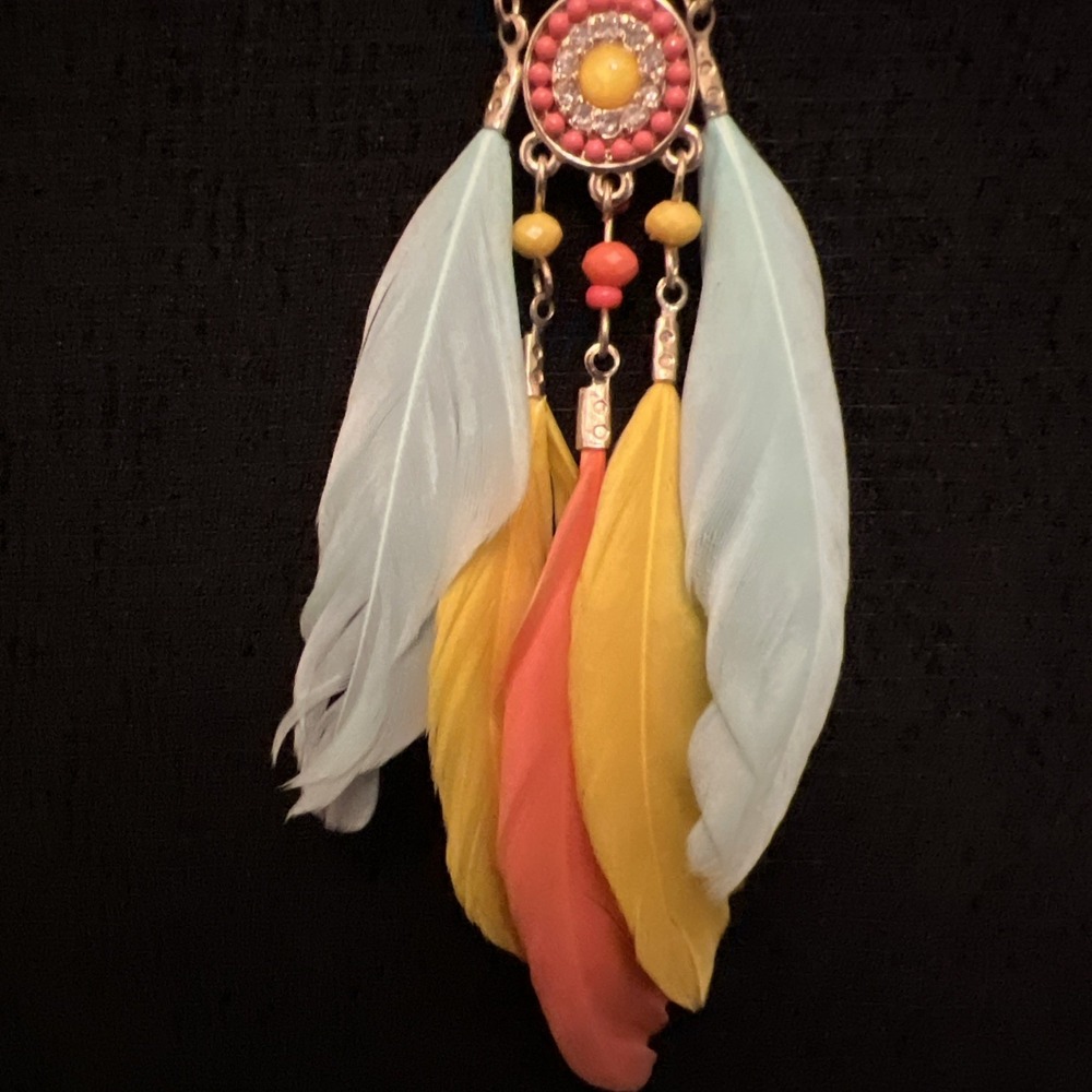 Boho Feather Single Dangle Earring Turquoise Yellow Orange Statement Earring - Picture 2 of 7